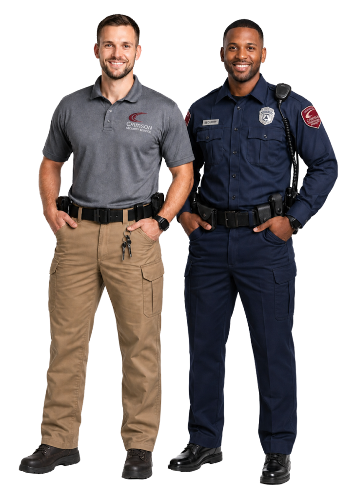 Two Crimson Security officers side by side, one in the Class B polo and khaki uniform and one in the Class A police-style uniform