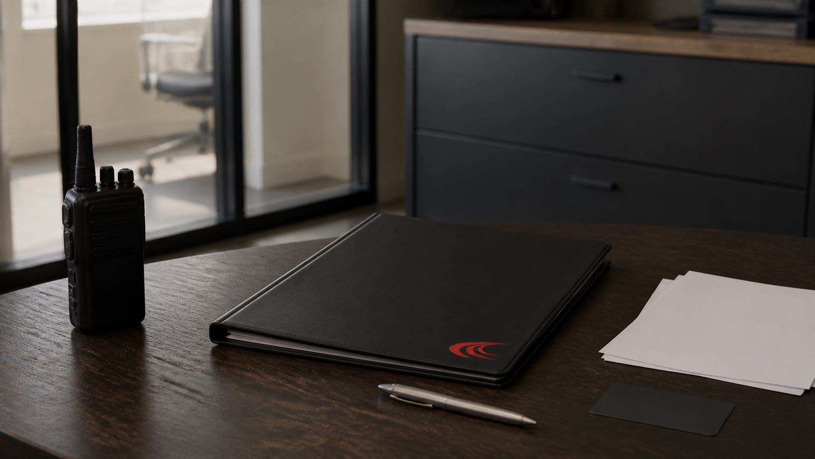 Crimson Security operations binder and two-way radio on a working office desk