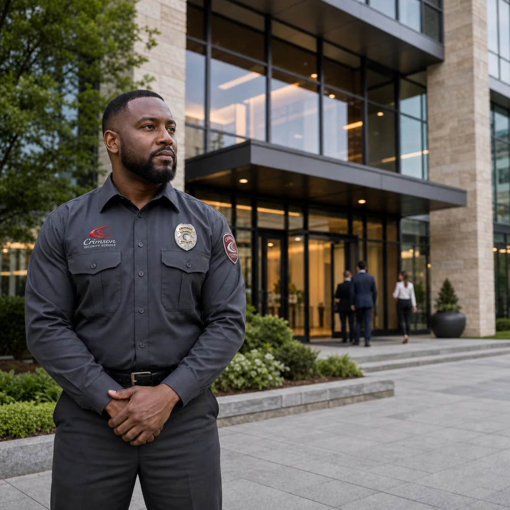 Crimson Security officer standing post outside a corporate office building