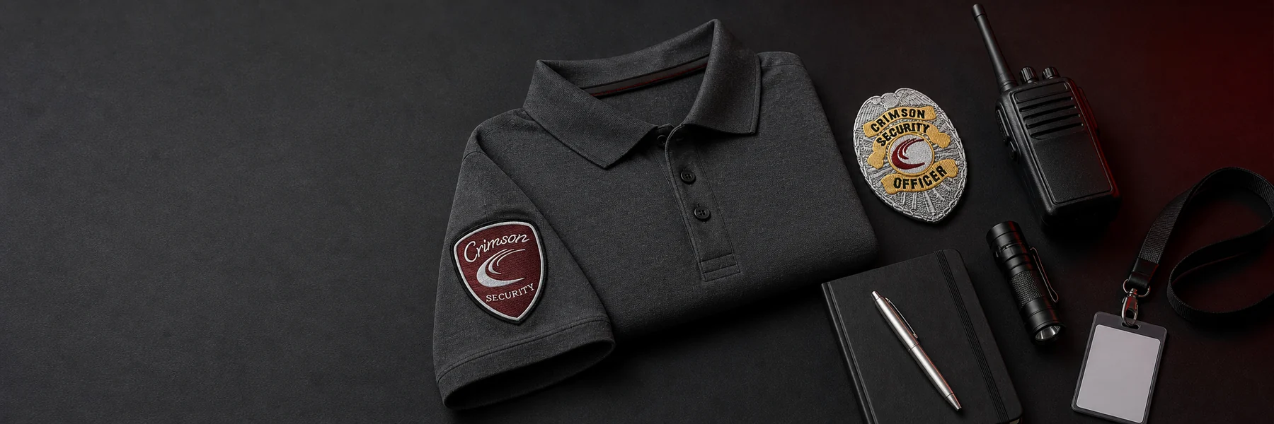 crimson-employment-uniform-kit-banner Crimson Security Service uniform polo with shoulder patch, officer badge, radio, flashlight, notebook and ID lanyard laid out on a dark background