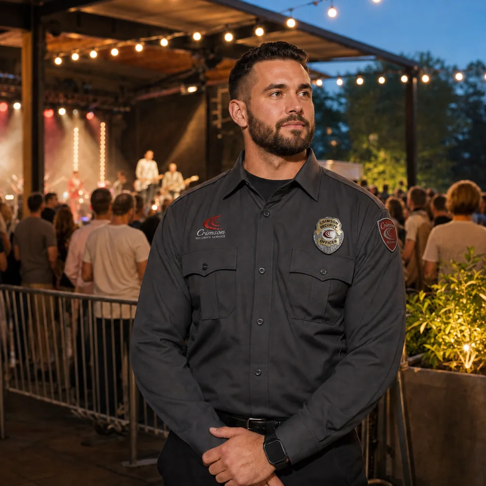Crimson Security officer providing event security at an outdoor evening venue