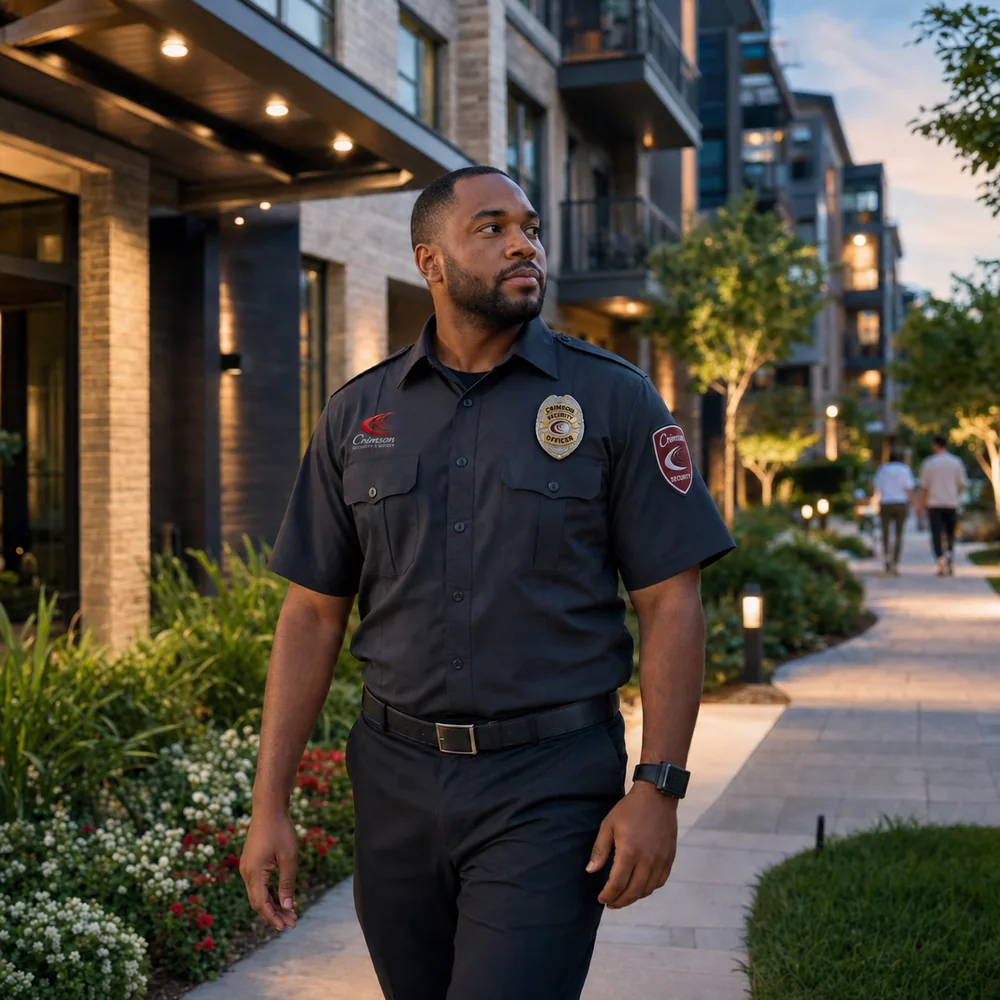 Crimson Security officer patrolling a residential apartment community