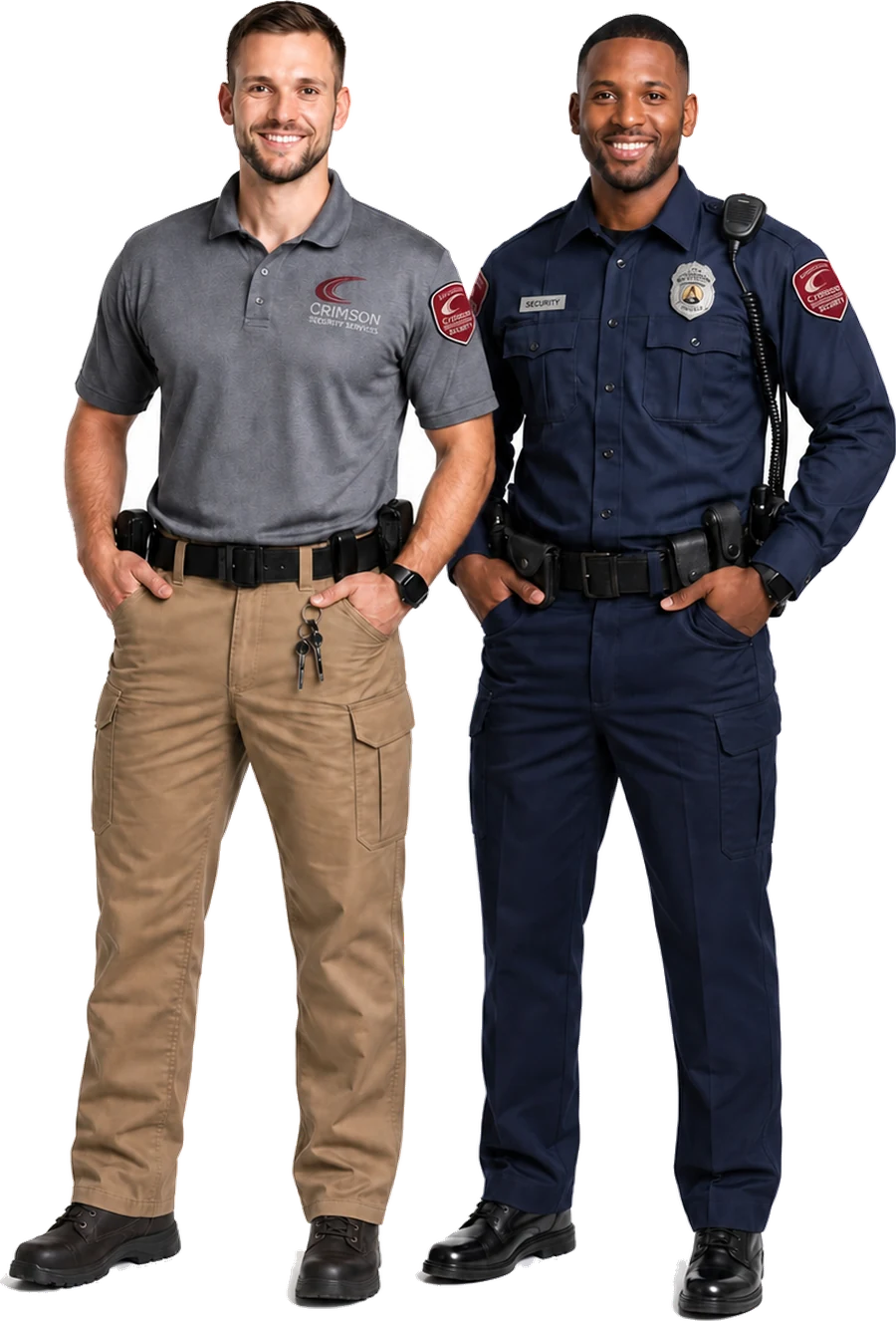 Two Crimson Security officers side by side: an unarmed officer in the grey polo and tan trousers, and an armed officer in the navy police-style uniform
